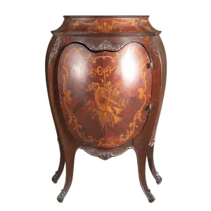 Antique Marquetry Bombe Music Cabinet, Inlaid, Shelves, Early 20th, Unique Shape