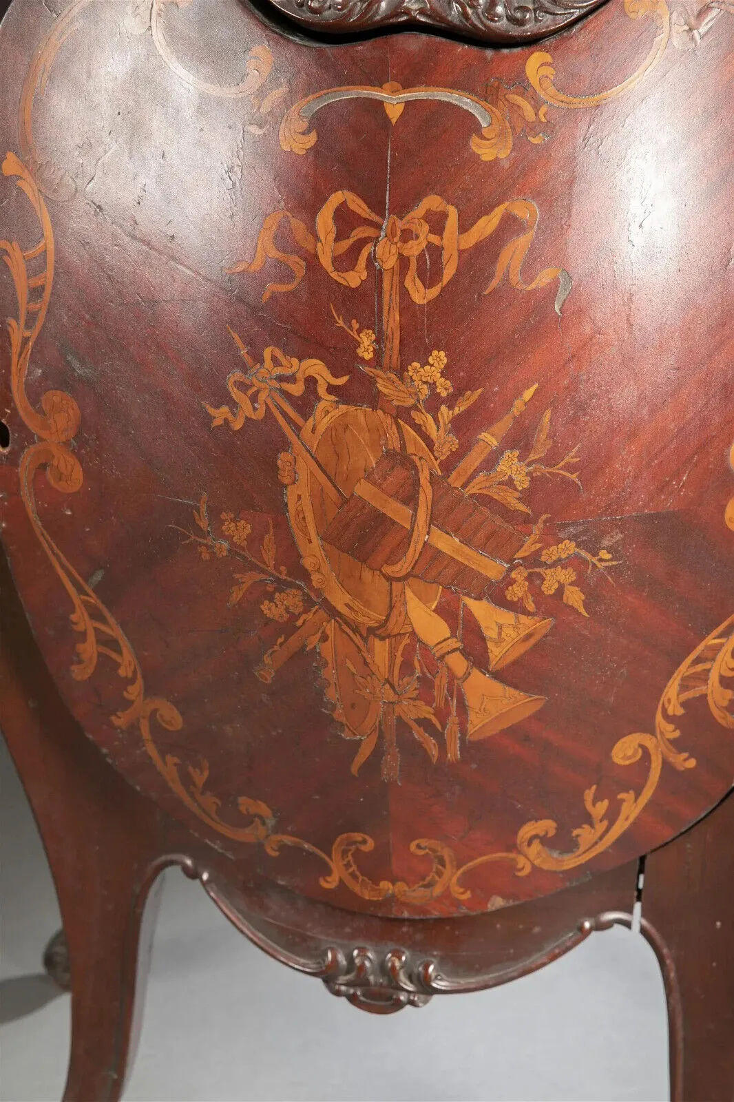 Antique Marquetry Bombe Music Cabinet, Inlaid, Shelves, Early 20th, Unique Shape