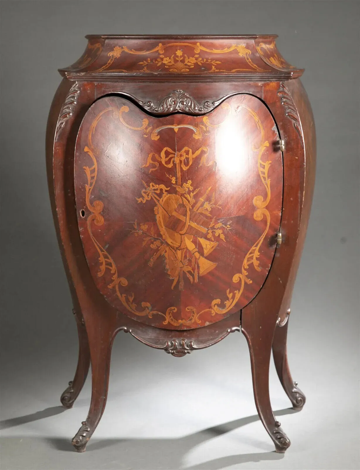 Antique Marquetry Bombe Music Cabinet, Inlaid, Shelves, Early 20th, Unique Shape