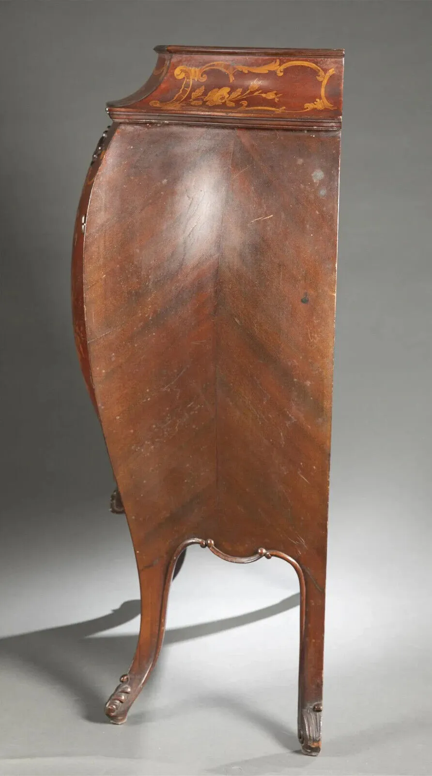 Antique Marquetry Bombe Music Cabinet, Inlaid, Shelves, Early 20th, Unique Shape