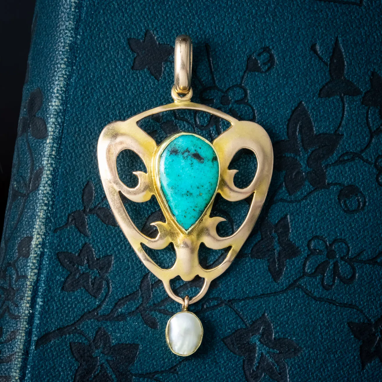 Antique Victorian Art Nouveau Turquoise Pearl Pendant 15ct Gold