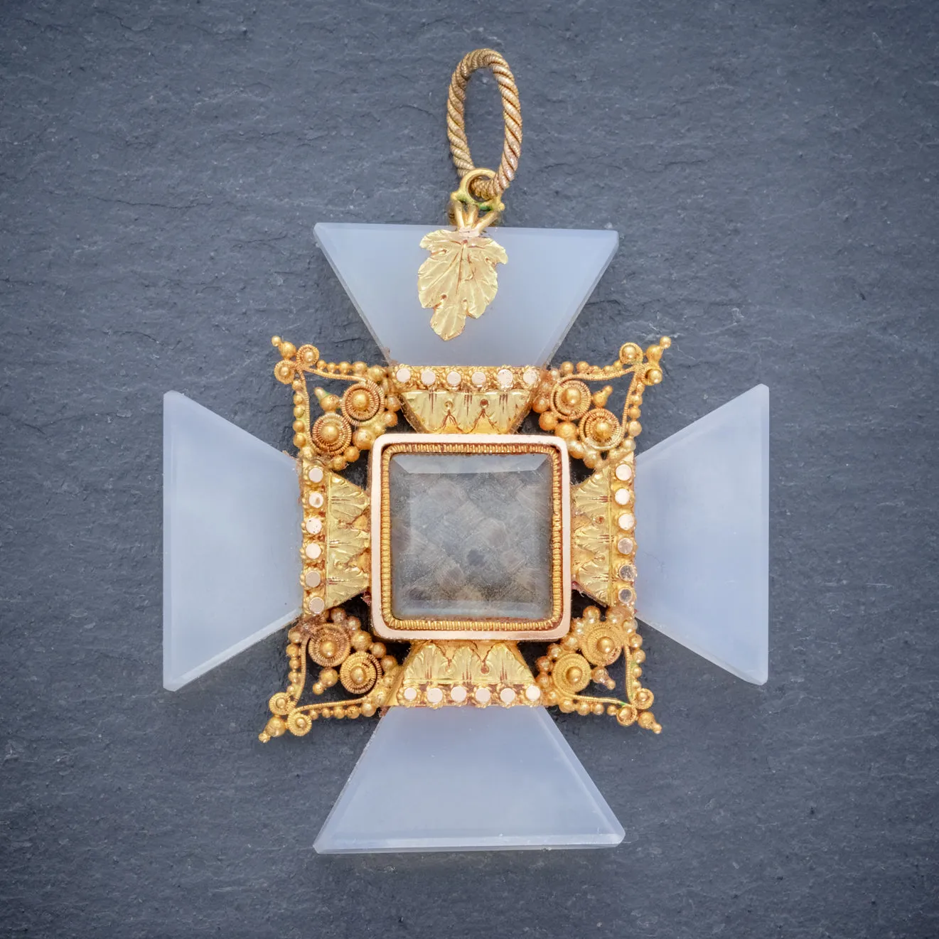 Antique Victorian Mourning Cross Pendant Etruscan Revival Agate 18Ct Gold Circa 1850