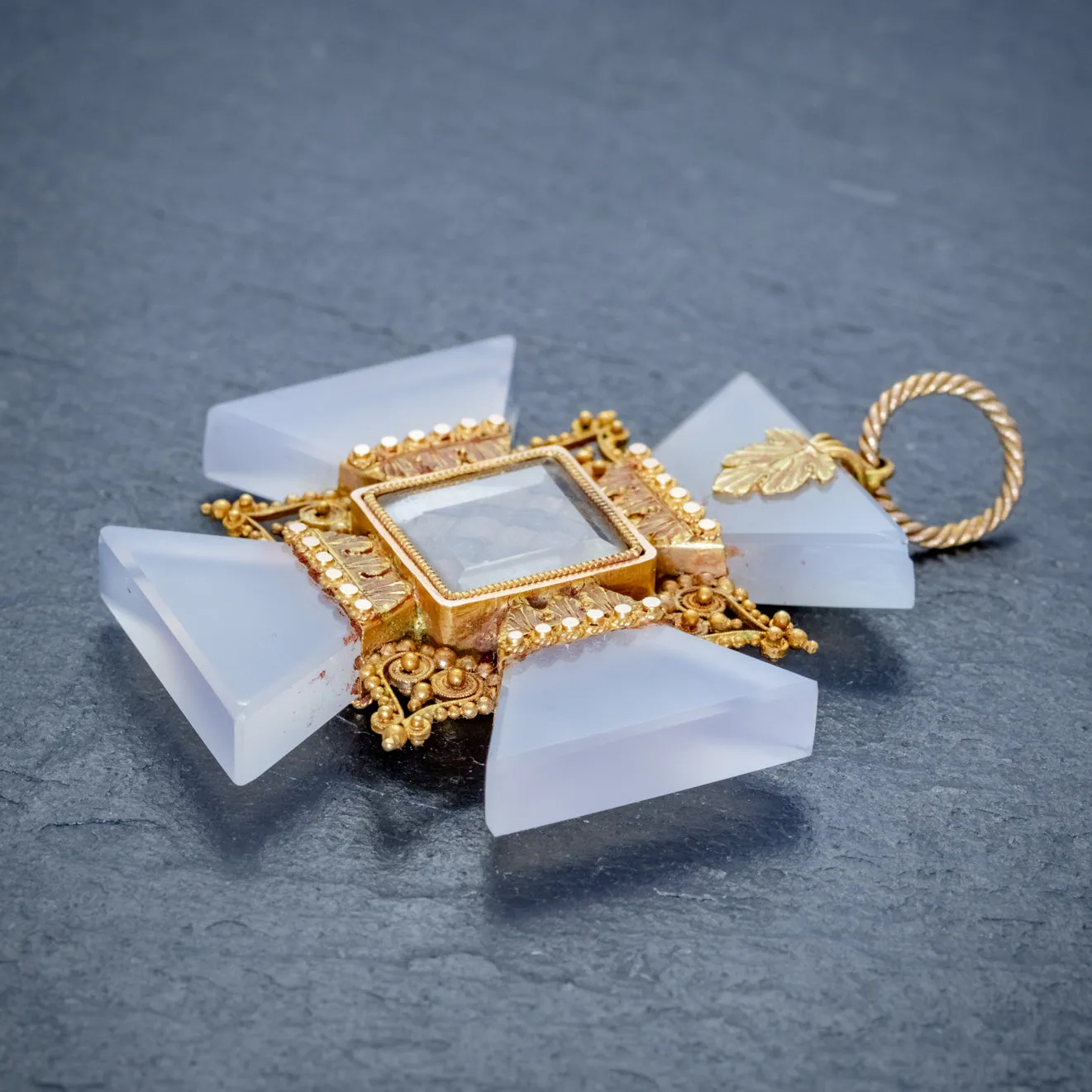 Antique Victorian Mourning Cross Pendant Etruscan Revival Agate 18Ct Gold Circa 1850