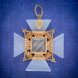 Antique Victorian Mourning Cross Pendant Etruscan Revival Agate 18Ct Gold Circa 1850
