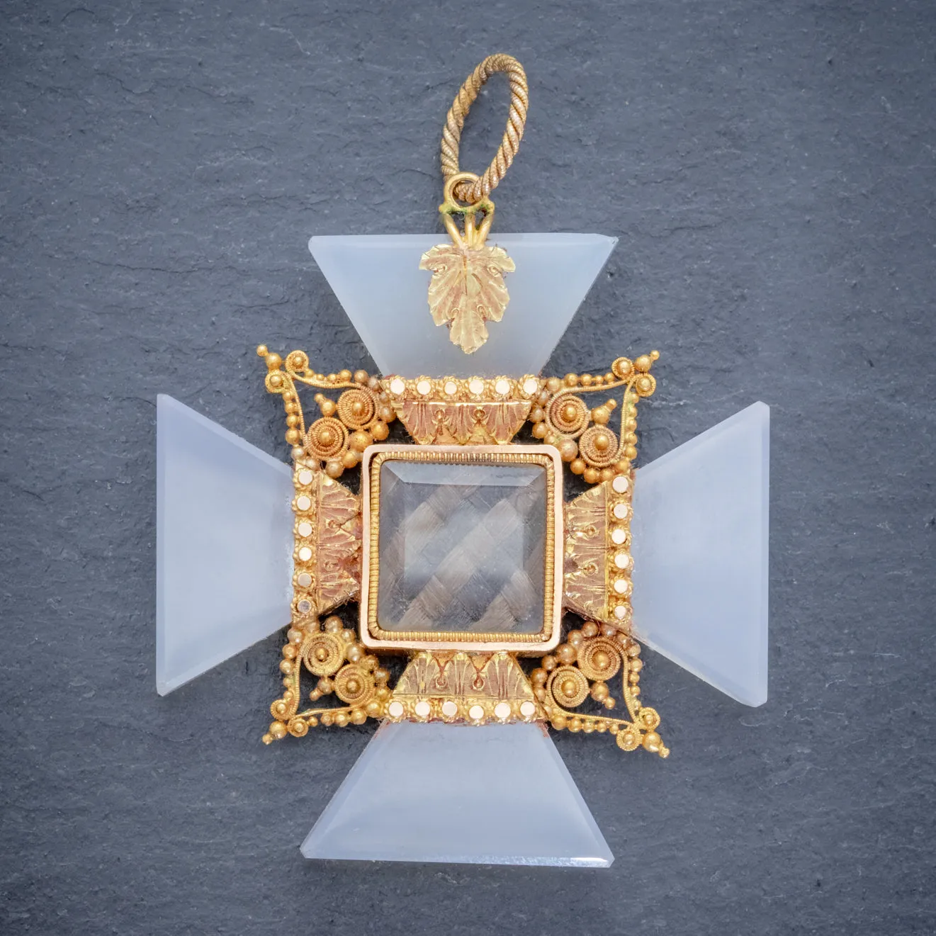 Antique Victorian Mourning Cross Pendant Etruscan Revival Agate 18Ct Gold Circa 1850