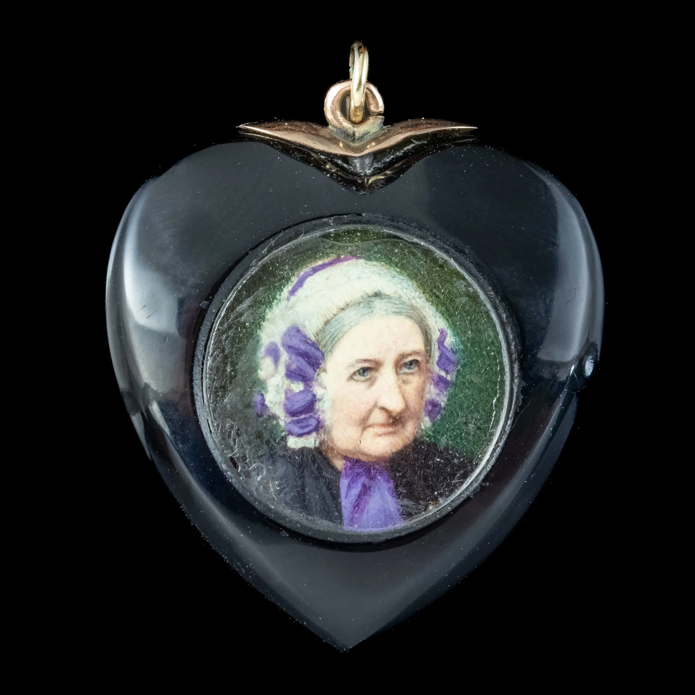 Antique Victorian Onyx Pearl Mourning Heart Locket With Portrait