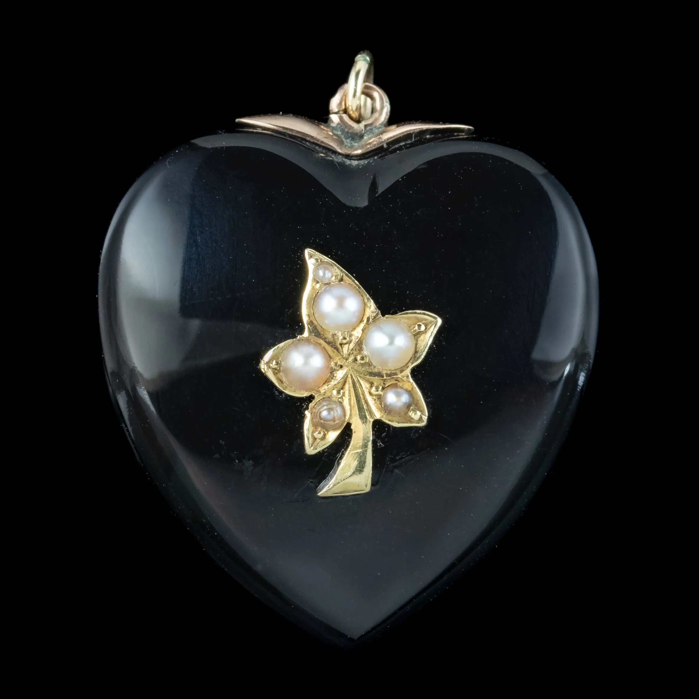 Antique Victorian Onyx Pearl Mourning Heart Locket With Portrait