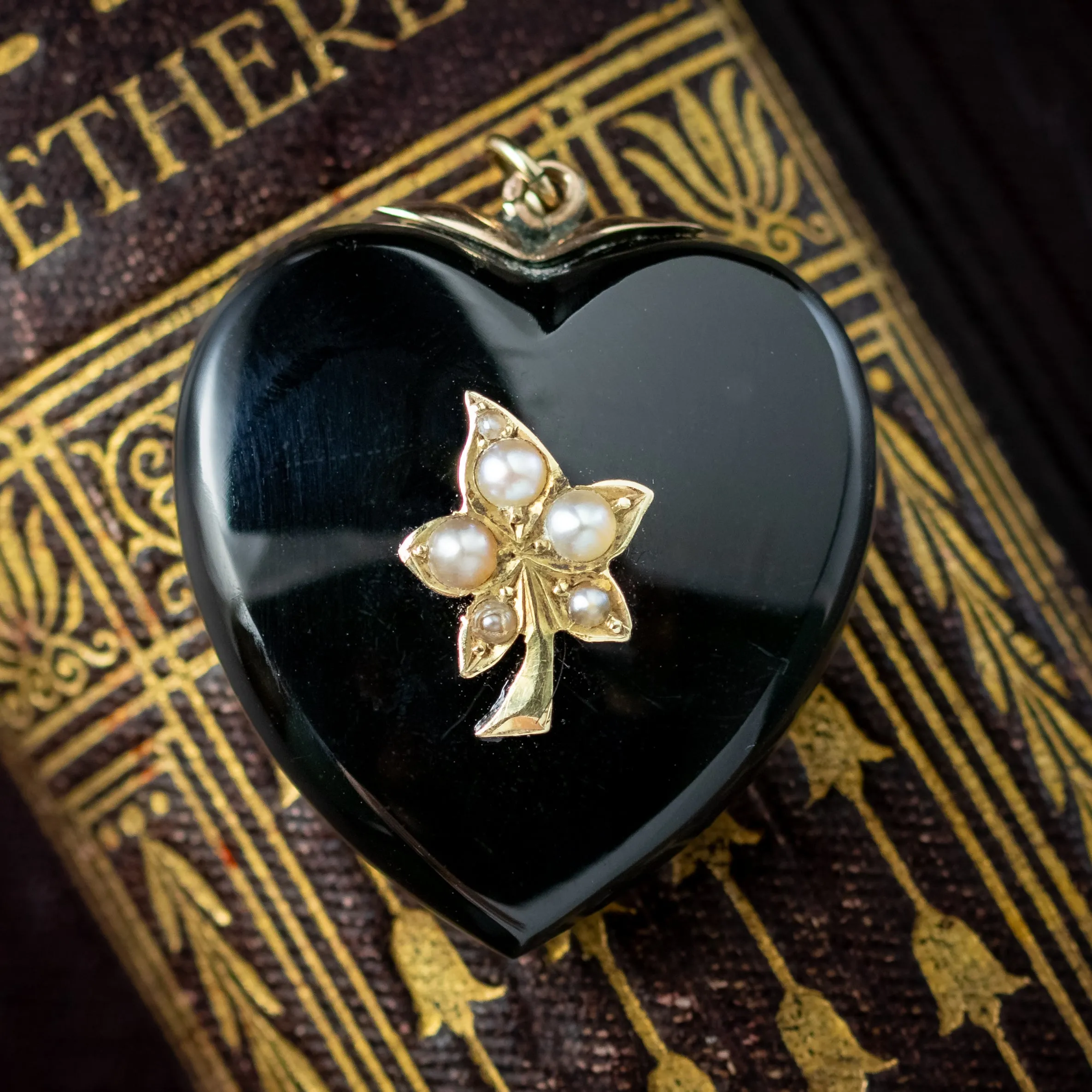 Antique Victorian Onyx Pearl Mourning Heart Locket With Portrait