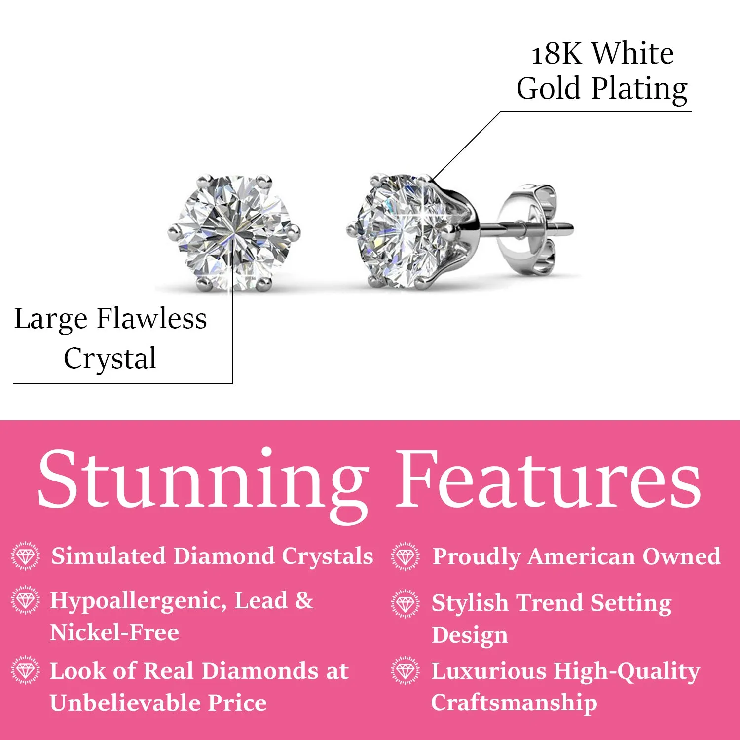 April Birthstone Diamond Earrings, 18k White Gold Plated Stud Earrings with 1CT Crystals