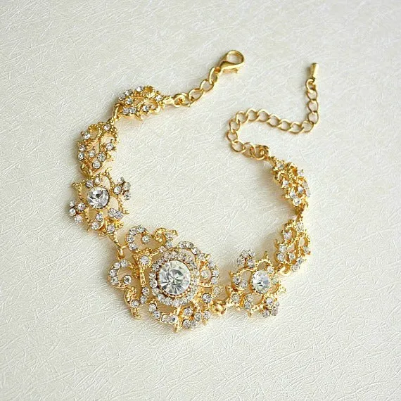 Art Deco Gold Bridal Bracelet. Vintage Wedding Bracelet. Rhinestone Wedding Bracelet. Gold Filigree Crystal Bracelet. Bridesmaid Bracelet.