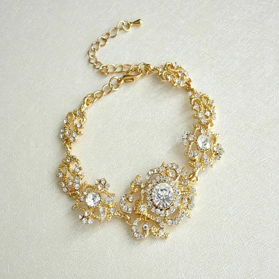 Art Deco Gold Bridal Bracelet. Vintage Wedding Bracelet. Rhinestone Wedding Bracelet. Gold Filigree Crystal Bracelet. Bridesmaid Bracelet.