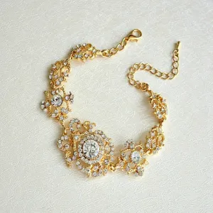 Art Deco Gold Bridal Bracelet. Vintage Wedding Bracelet. Rhinestone Wedding Bracelet. Gold Filigree Crystal Bracelet. Bridesmaid Bracelet.