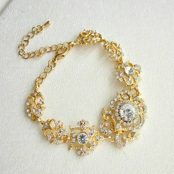 Art Deco Gold Bridal Bracelet. Vintage Wedding Bracelet. Rhinestone Wedding Bracelet. Gold Filigree Crystal Bracelet. Bridesmaid Bracelet.