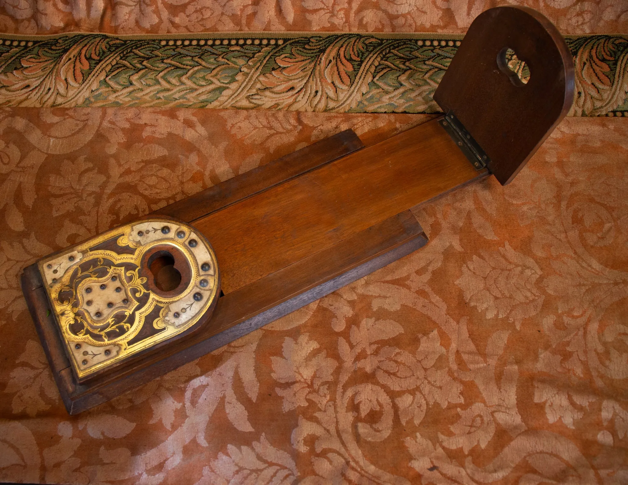Arts and Crafts Wood, Brass and Bone Inlay Book Stand