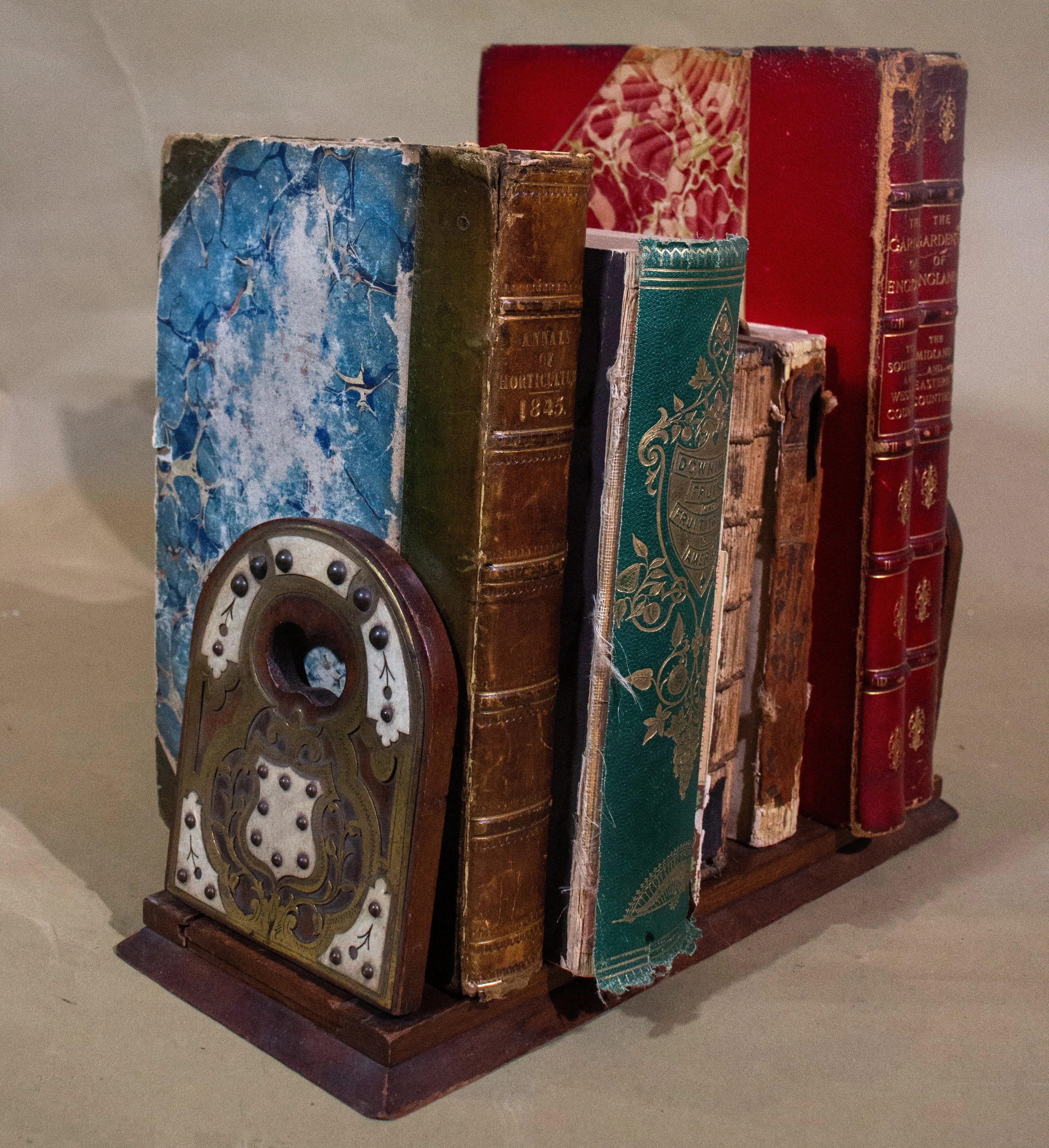 Arts and Crafts Wood, Brass and Bone Inlay Book Stand