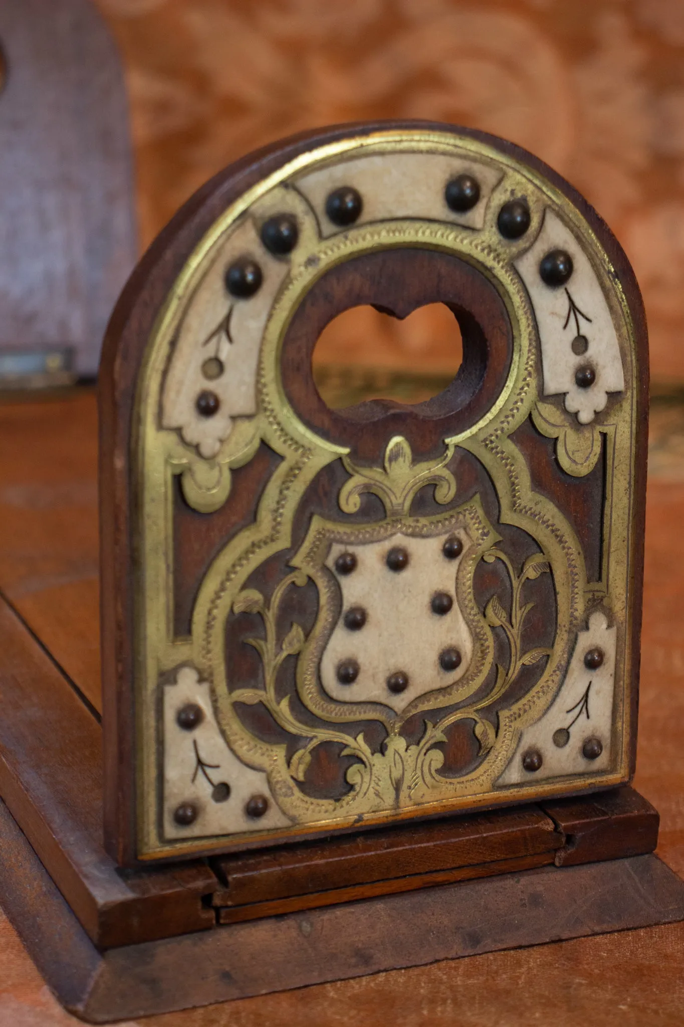 Arts and Crafts Wood, Brass and Bone Inlay Book Stand