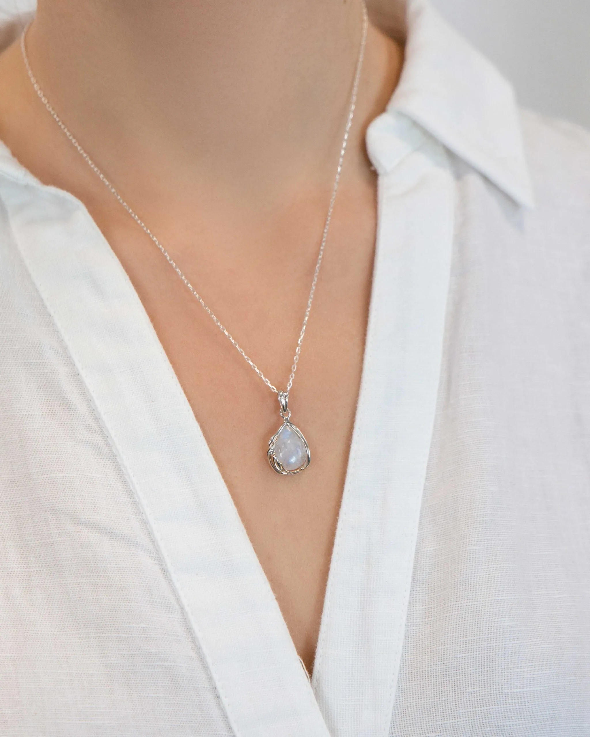 Banyan Rainbow Moonstone Droplet Necklace with Gold Fill Detailing