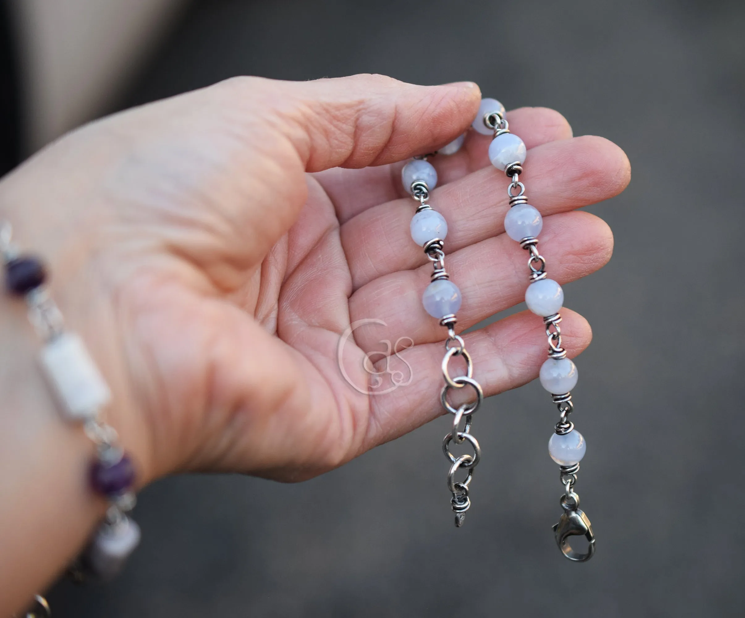 Blue Lace Agate Gemstone Bracelet. Solid Silver Beaded Chain Bracelet. Handcrafted Jewelry.
