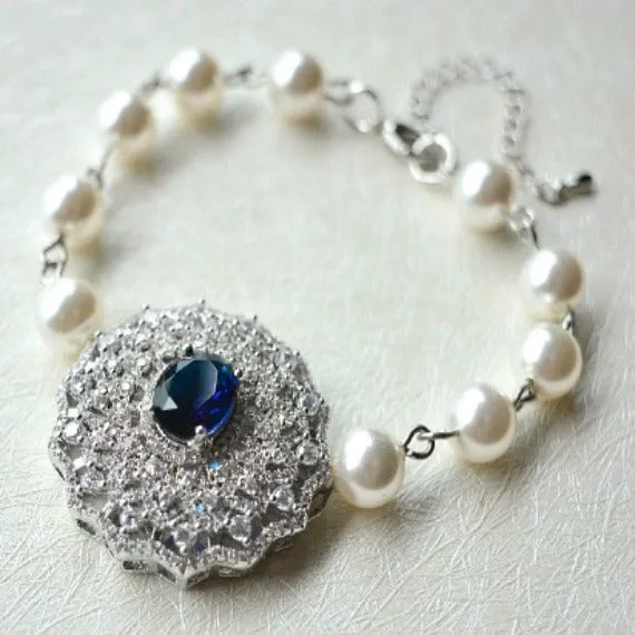 Blue Sapphire Crystal Filigree Swarovski Pearls Bridal Bracelet. Victorian Vintage Style Crystal Wedding Bracelet. Blue Wedding Jewelry.