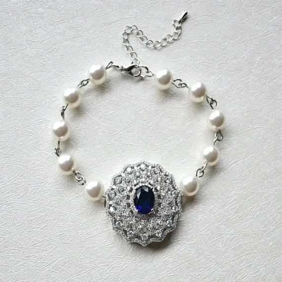 Blue Sapphire Crystal Filigree Swarovski Pearls Bridal Bracelet. Victorian Vintage Style Crystal Wedding Bracelet. Blue Wedding Jewelry.