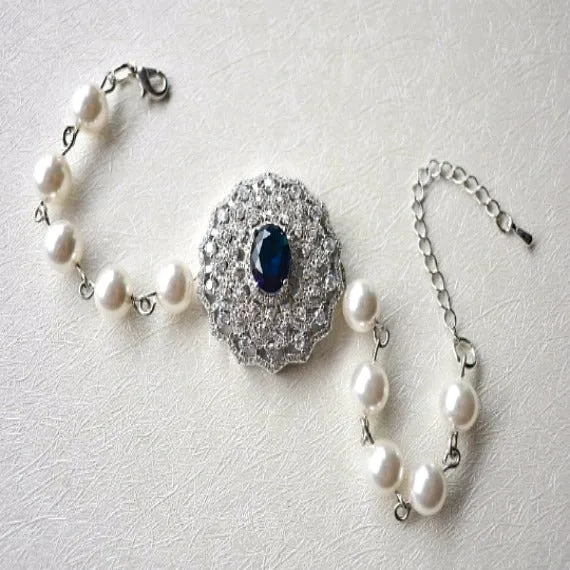 Blue Sapphire Crystal Filigree Swarovski Pearls Bridal Bracelet. Victorian Vintage Style Crystal Wedding Bracelet. Blue Wedding Jewelry.