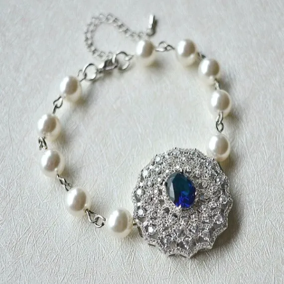 Blue Sapphire Crystal Filigree Swarovski Pearls Bridal Bracelet. Victorian Vintage Style Crystal Wedding Bracelet. Blue Wedding Jewelry.