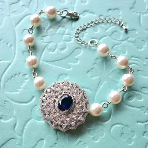 Blue Sapphire Crystal Filigree Swarovski Pearls Bridal Bracelet. Victorian Vintage Style Crystal Wedding Bracelet. Blue Wedding Jewelry.