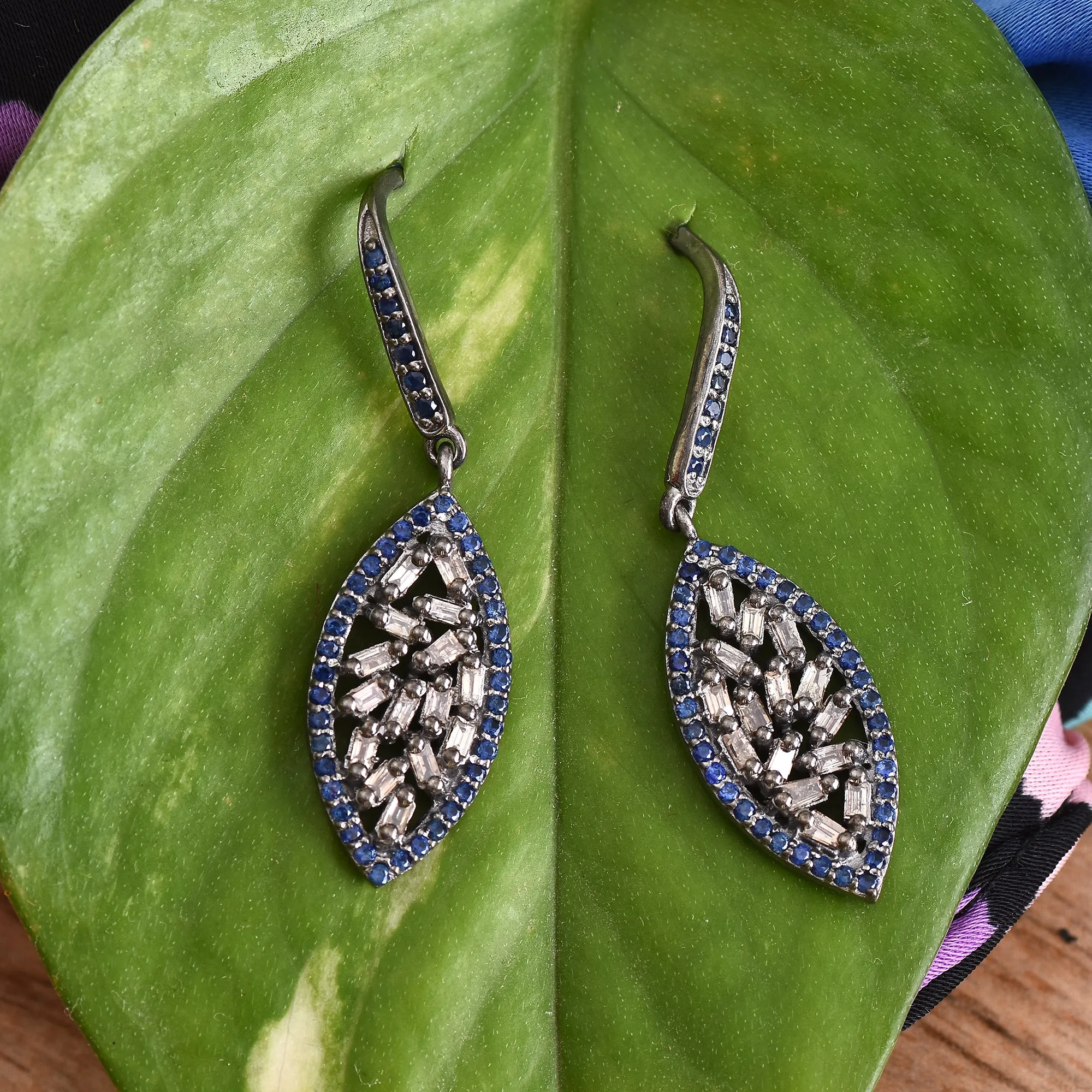 Blue Sapphire Diamond Baguette Earrings