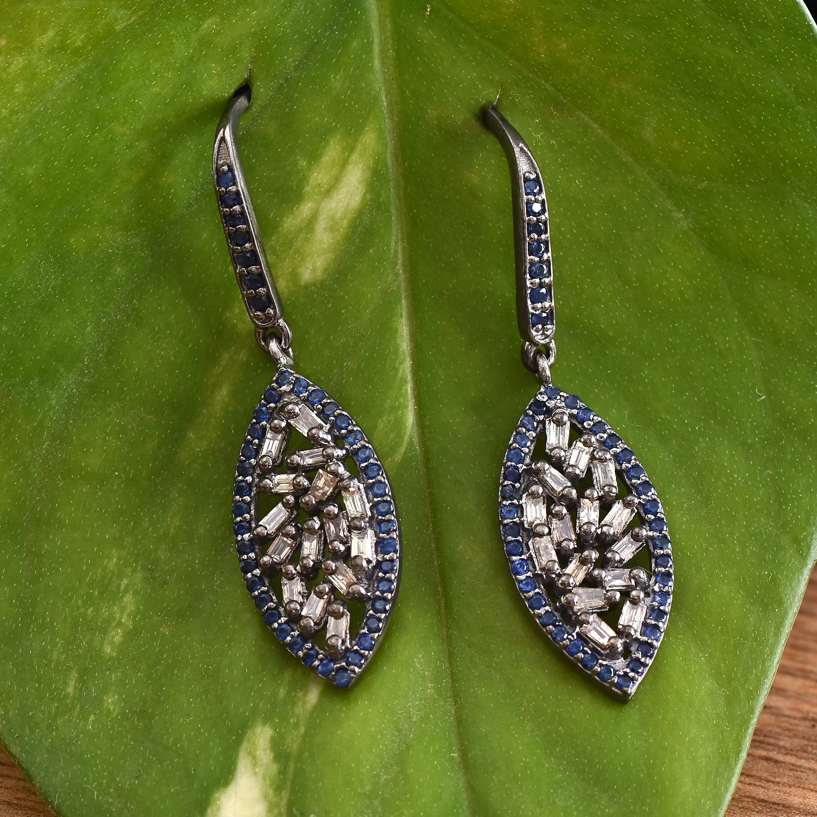 Blue Sapphire Diamond Baguette Earrings