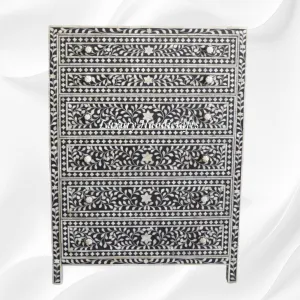 Bone Inlay 6 Drawer Chest Floral Design Black