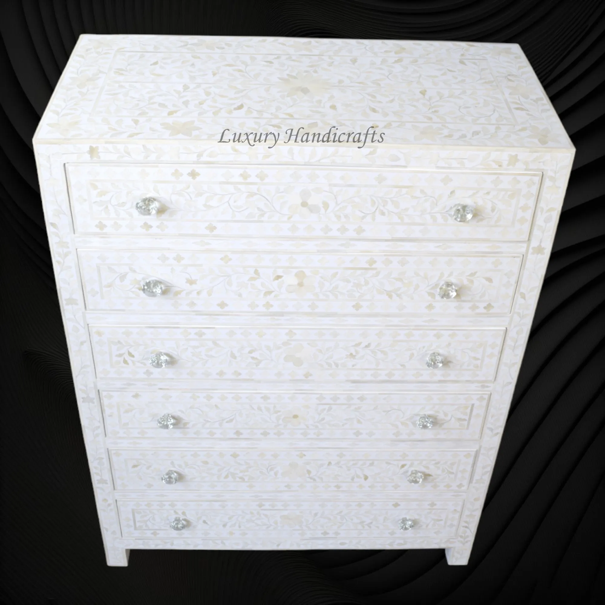 Bone Inlay 6 Drawer Chest Floral Design White