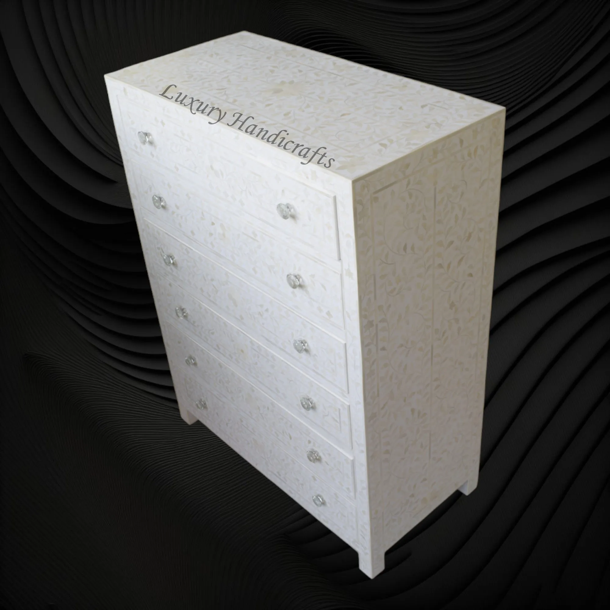 Bone Inlay 6 Drawer Chest Floral Design White
