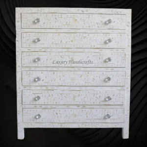 Bone Inlay 6 Drawer Chest Floral Design White