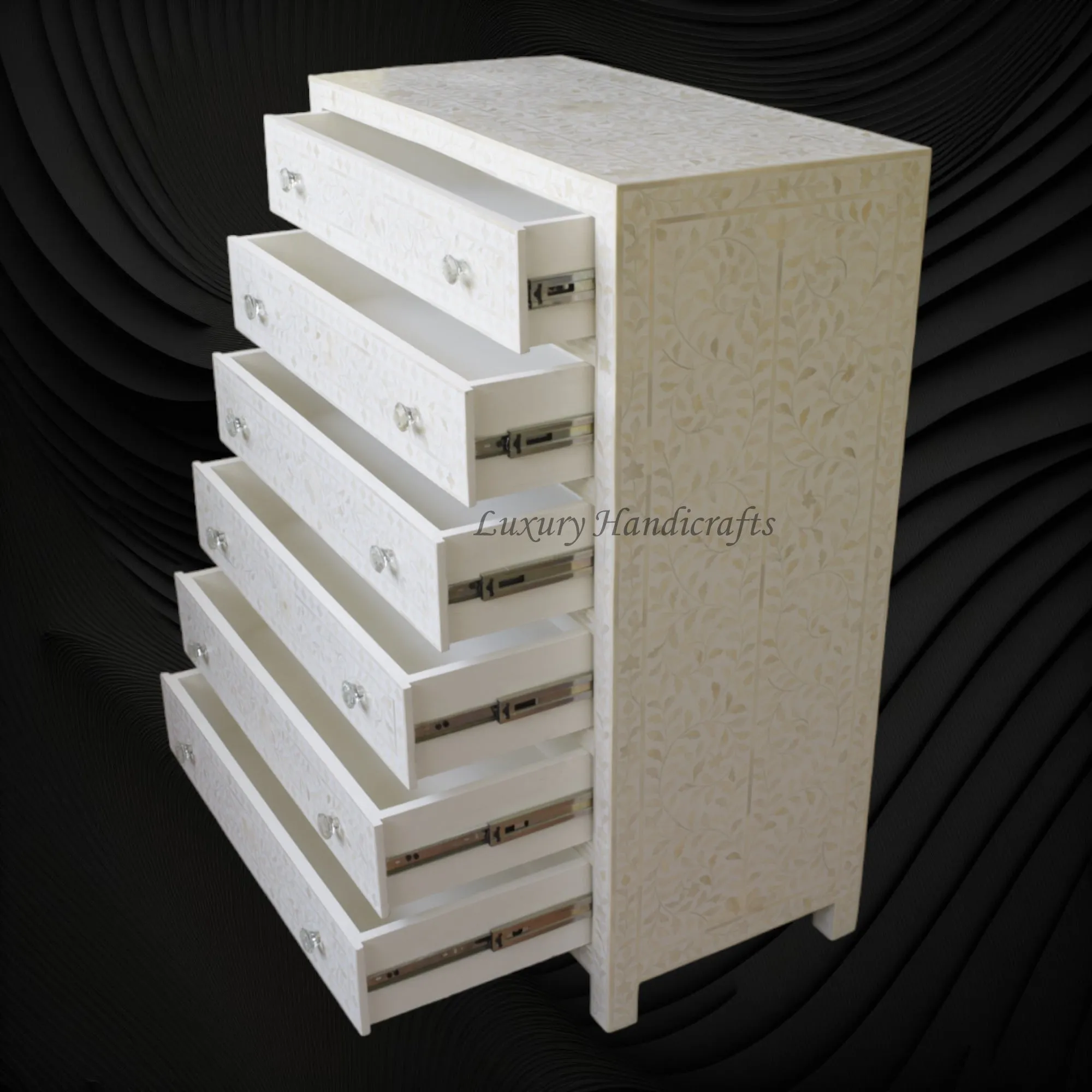 Bone Inlay 6 Drawer Chest Floral Design White