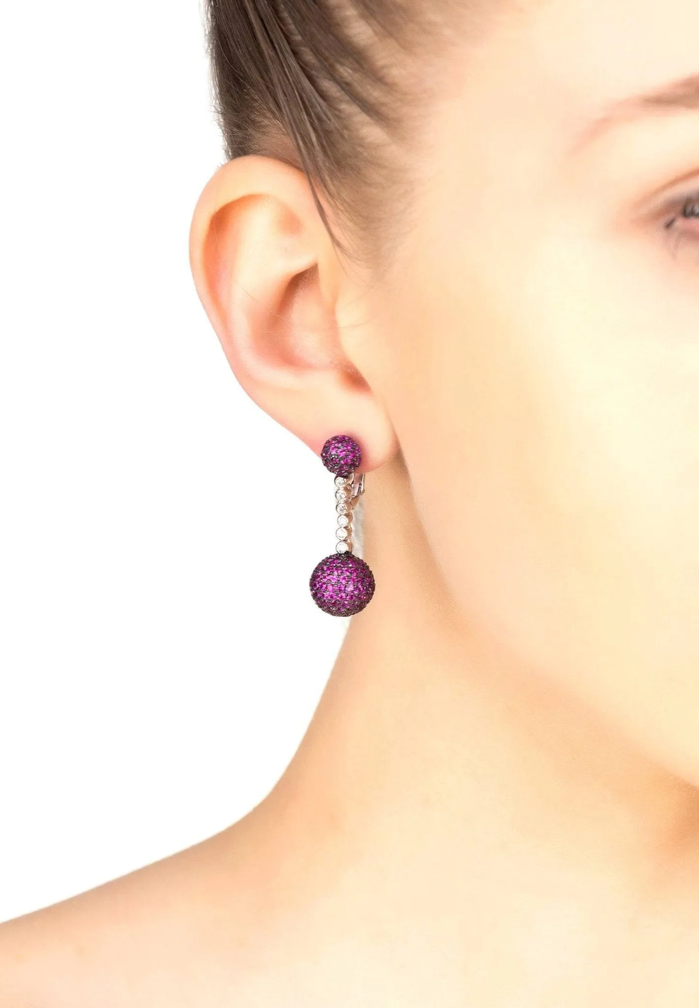 Cannes Sphere Drop Earrings Silver Ruby Pink Cz