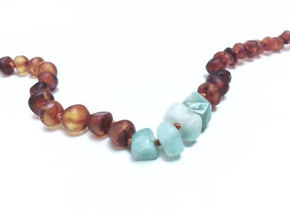 Canyon Leaf Baltic Amber   Amazonite Necklace (Youth's Sizes)