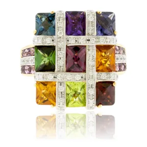 Checkerboard Mixed Gemstone and Diamond Accented Ring