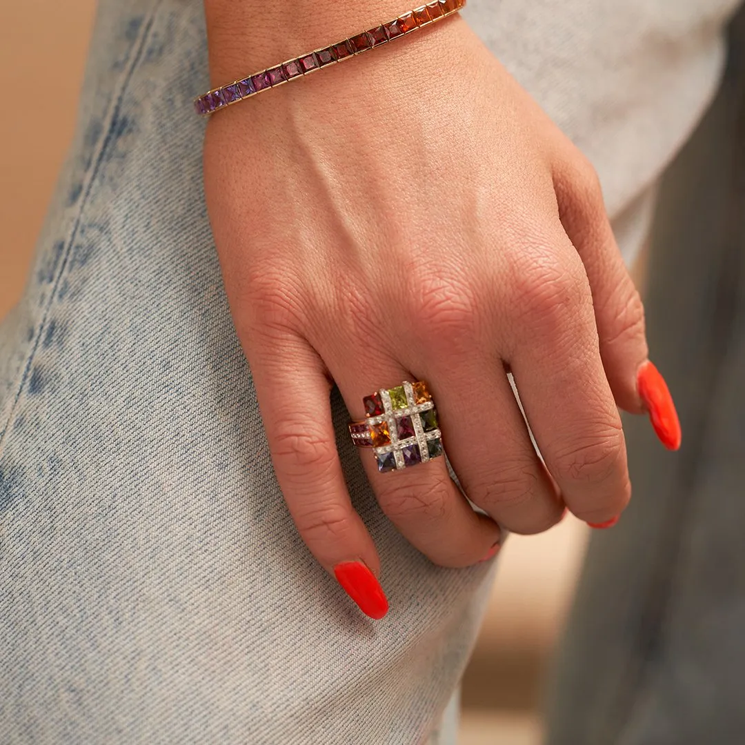 Checkerboard Mixed Gemstone and Diamond Accented Ring