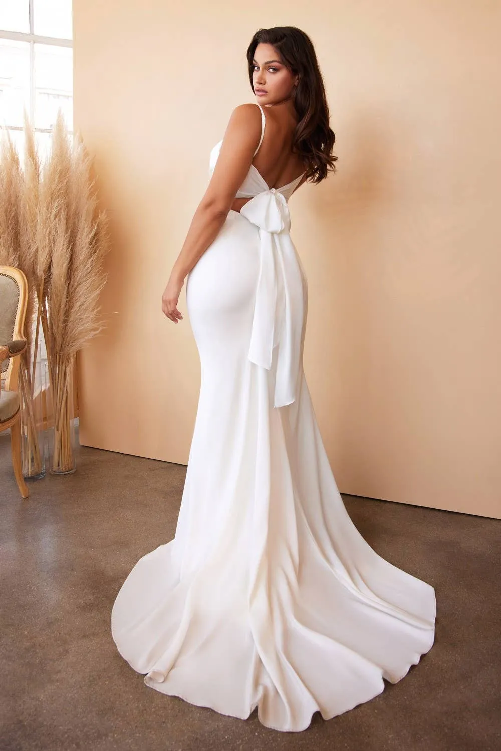 Cinderella Divine CD 7487W- Tie-Back Sash Charmeuse Mermaid Gown