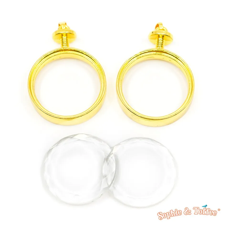 Circle Gold Thick Open Bezel Charm Faceted Glass (2 sets)