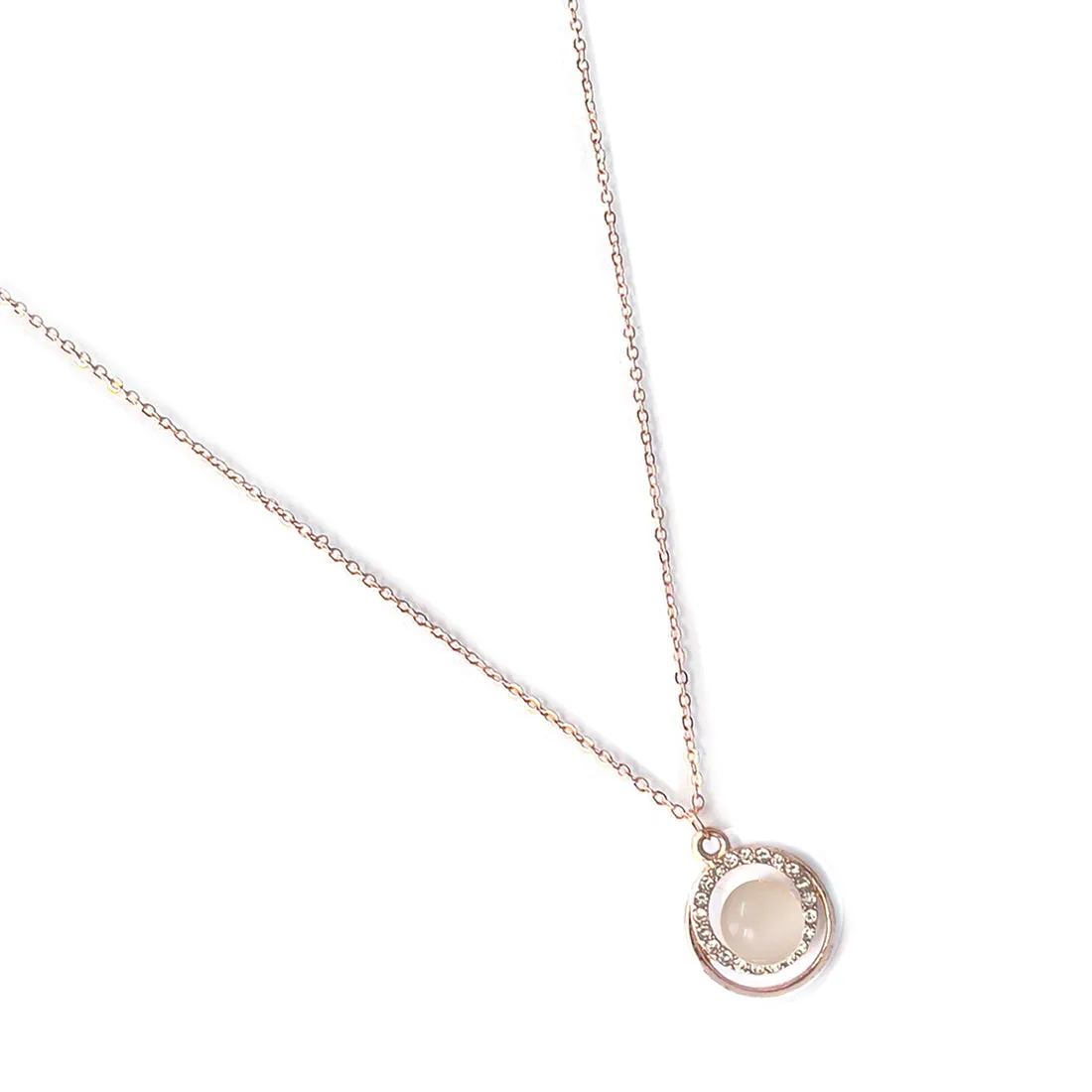 Circular Moonstone & Diamante Stud Mini Pendant Rose Gold-Toned Dainty Necklace