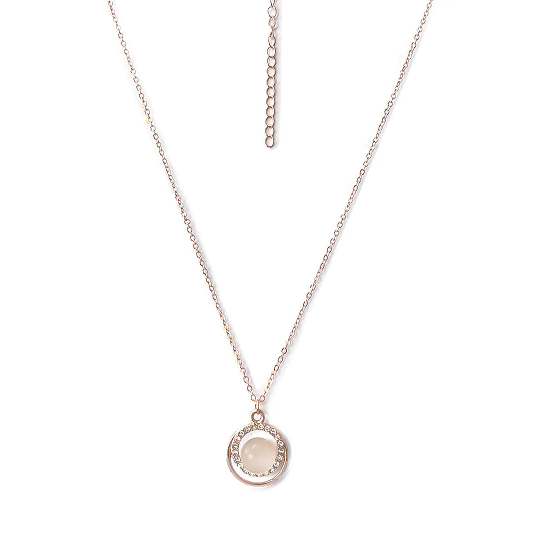 Circular Moonstone & Diamante Stud Mini Pendant Rose Gold-Toned Dainty Necklace