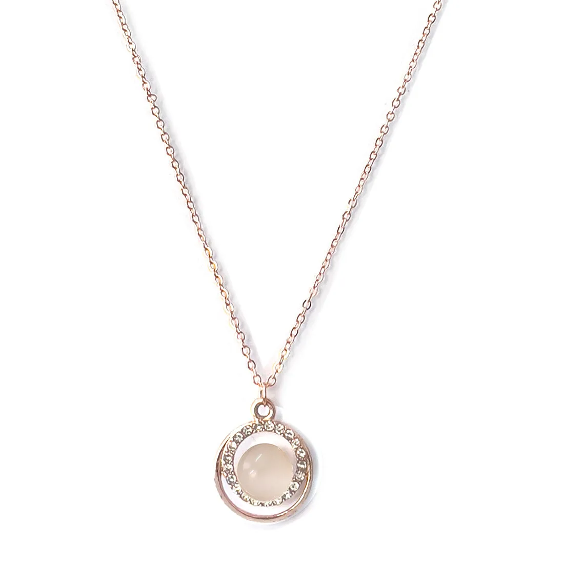 Circular Moonstone & Diamante Stud Mini Pendant Rose Gold-Toned Dainty Necklace