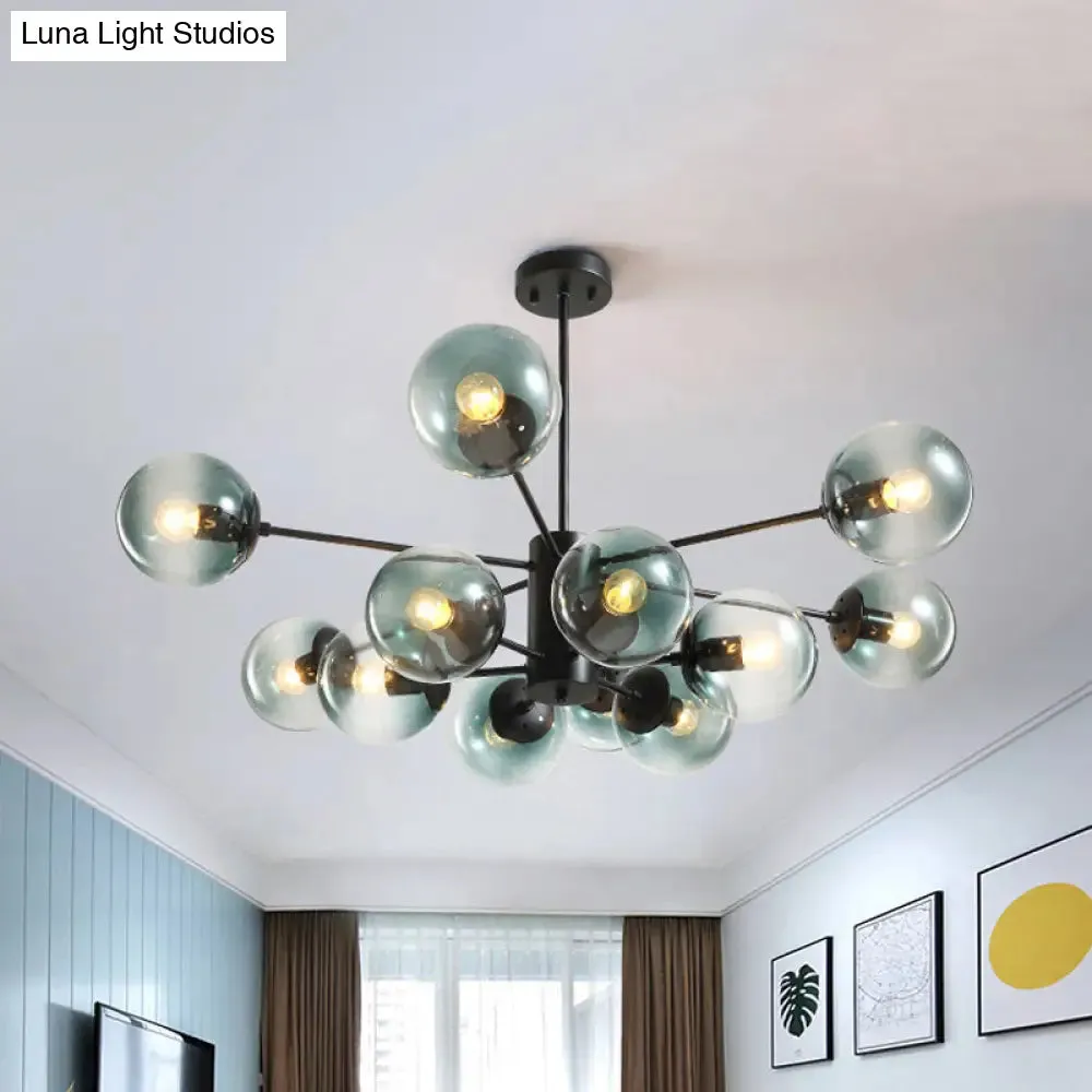 Contemporary Black Chandelier with 12 Lights, Hanging Light for Living Room, Amber/Blue/Clear Glass Shades