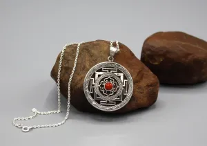 Coral Inlaid Mandala Sterling Silver Pendant