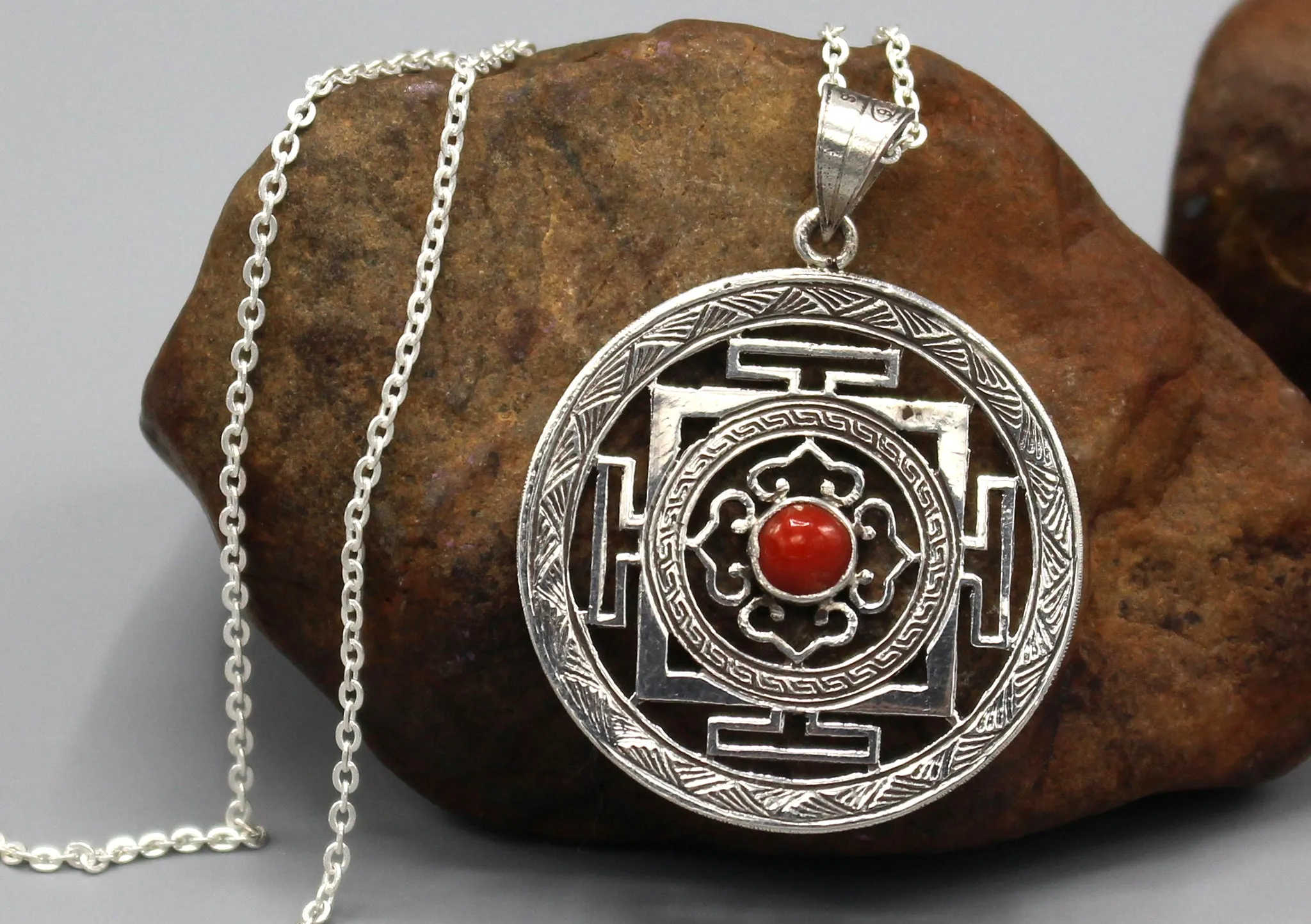 Coral Inlaid Mandala Sterling Silver Pendant