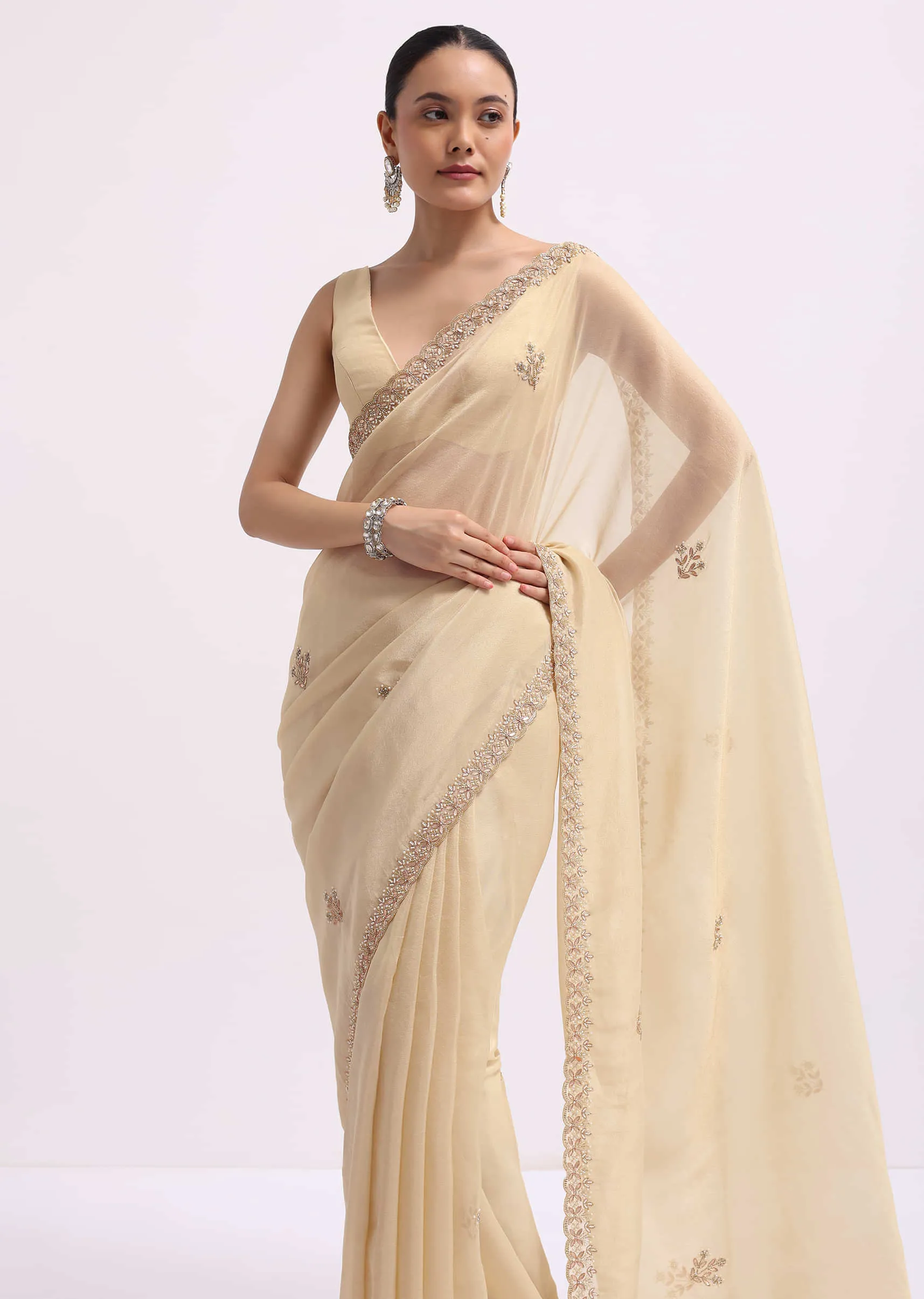 Cream Tissue Saree With Gotta Work And Unstitched Blouse