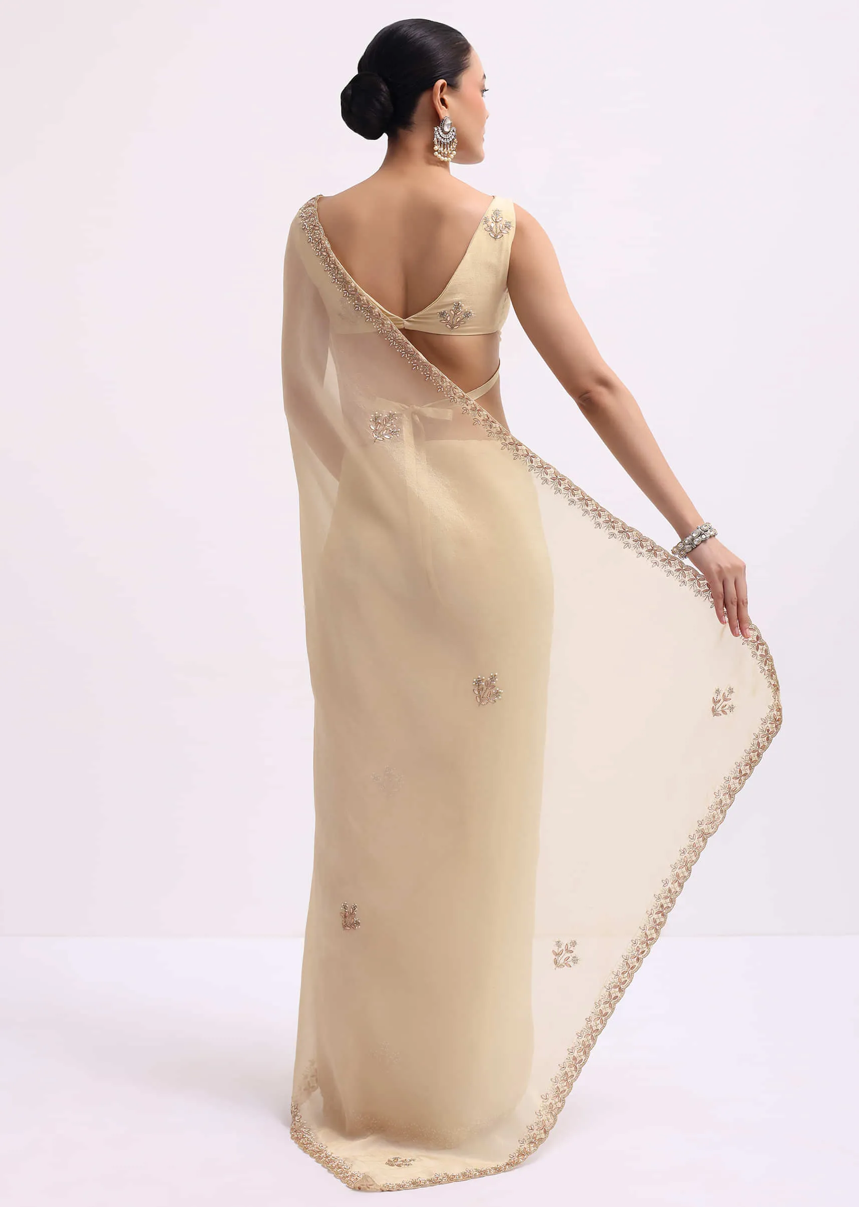 Cream Tissue Saree With Gotta Work And Unstitched Blouse