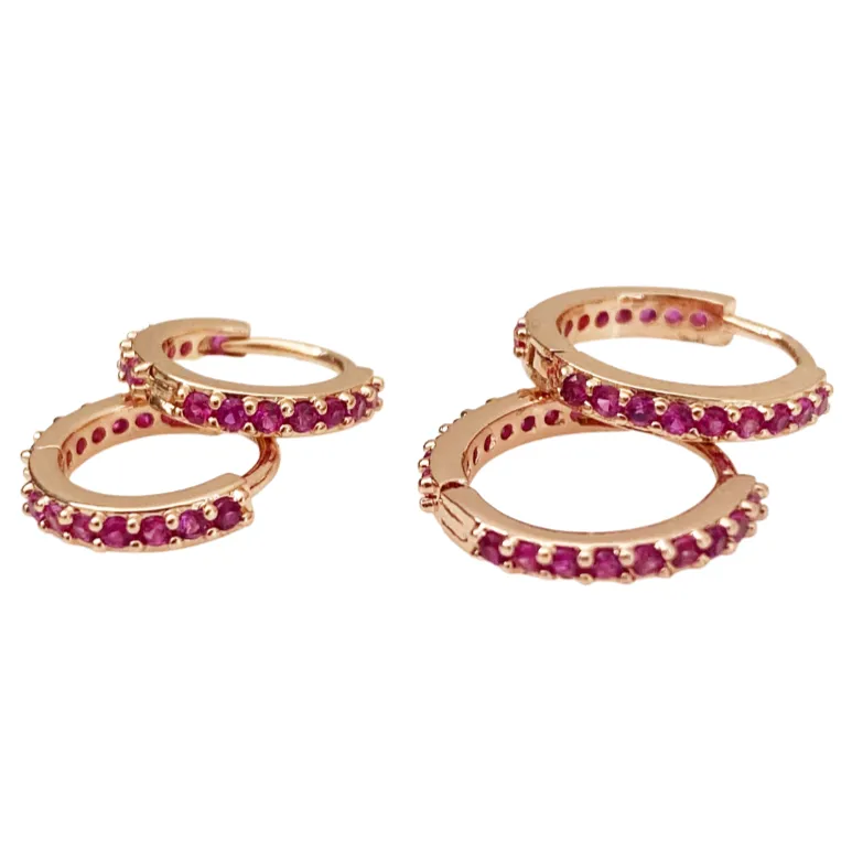 Cubic Zirconia Rose Gold Huggie Hoops - Ruby