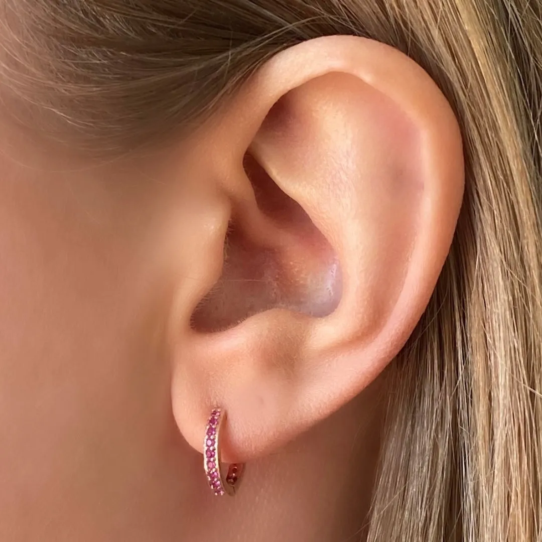 Cubic Zirconia Rose Gold Huggie Hoops - Ruby
